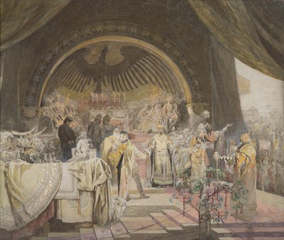 Ottokar II af Bøhmen. Unionen af slaviske dynastier Cyklusen Den slaviske episke skitse. af Alfons Marie Mucha