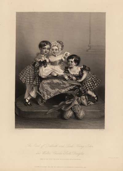 Jarl af Dalkeith (William Henry), Henry John og Walter Charles Scott Douglas, søn af den 5. hertug af Buccleuch, 7. hertug af Queensberry. To sønner bærer skotskternet kjoler med bånd, med den yngste i hætte og satinkjole. Stålstik af H. Cook a af Alfred Edward (after) Chalon