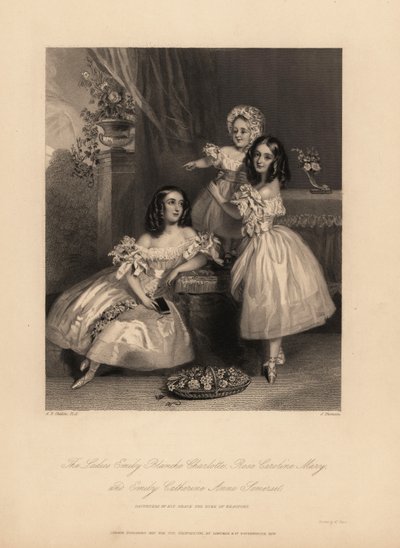 Portræt af Emily Blanche Charlotte, Rose Caroline og Emily Catherine Anne Somerset, døtre af Henry Somerset, 7. hertug af Beaufort. Tre unge søstre med ringlets i satinkjoler med bånd og blonder, balletsko. Stålstik af J. Thomson a af Alfred Edward (after) Chalon