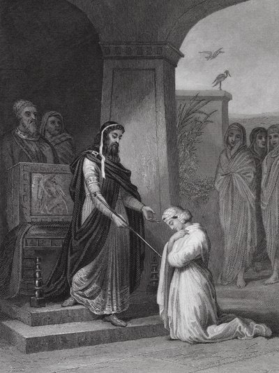 Ester foran kong Ahasverus, Ester, kap. 15, v. 11 (kobberstik) af Alfred (after) Johannot