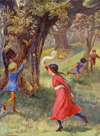 Det glade England: Børn leger i Sherwood-skoven (farvelitografi) af Alfred (after) Pearse