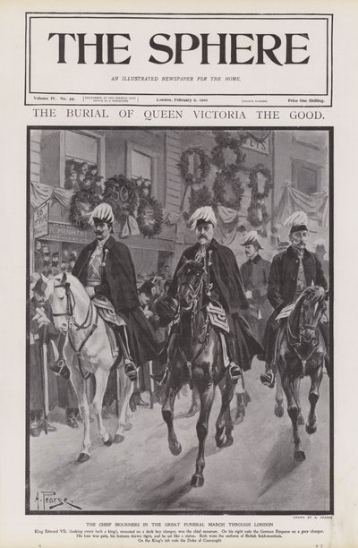 De vigtigste sørgende ved dronning Victorias begravelsesoptog gennem London (litho) af Alfred (after) Pearse