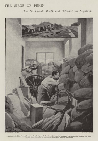 Forsvaret af den belejrede britiske legation i Peking under Boxer Rebellion (litho) af Alfred (after) Pearse