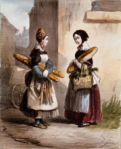 Små metier: bageriet. Ung gående brødhandler. Tryk af Alfred Andre Geniole (1813-1861) fra "Les femmes de Paris" 1841-1842 Paris, Musee Carnavalet af Alfred Andre Geniole