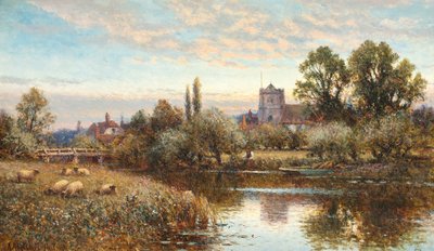 Får græsser før Wrotham Church, tusmørke af Alfred Augustus Glendening