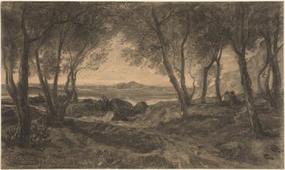 Et par sidder blandt træer over en sø af Alfred Bellet du Poisat