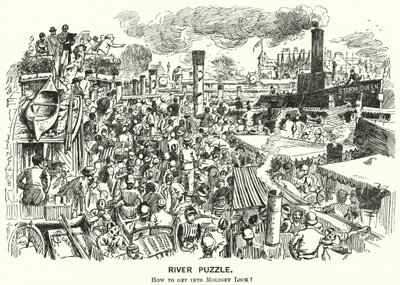 Punch-tegneserie: Overbelastning på Themsen ved Molesey Lock, Surrey (gravering) af Alfred Chantrey Corbould