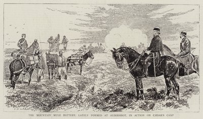 Bjergmulebatteriet, der for nylig blev dannet ved Aldershot, i aktion på Cæsars lejr af Alfred Chantrey Corbould