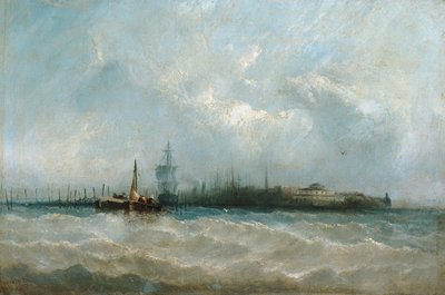 New York fra havnen viser batteriet og slottets have, 1858. af Alfred Copestick