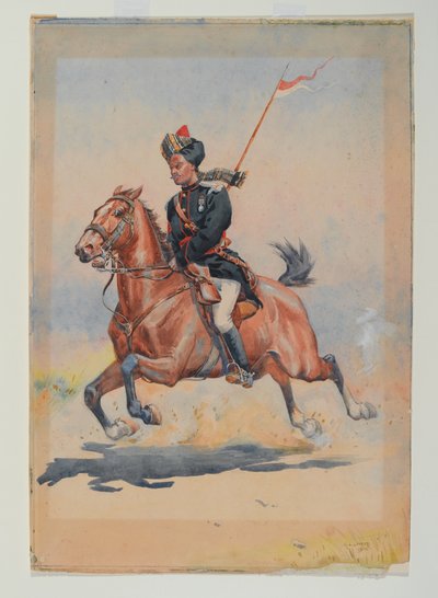 En Jat Sowar fra det 6. kavaleri monteret, galopperende, med slynget lanse af Alfred Crowdy Lovett