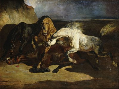 Hingste, der kæmper i et stormfuldt landskab, af Alfred Dedreux