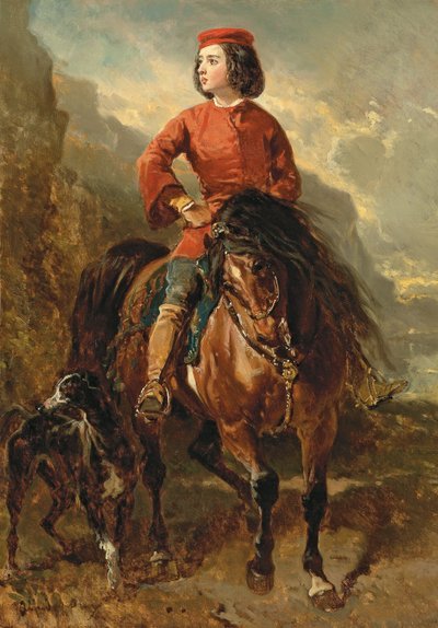 Ung Rytter paa en Shetland, med en Greyhound; Jeune cavalier montant un shetland et levrier, 1800-tallet af Alfred Dedreux