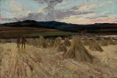 Harvesters at Sunset (olie på lærred) af Alfred East