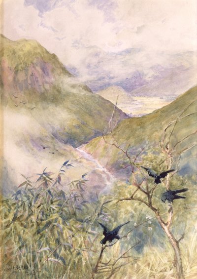 Ser over liljerne: Nikko-dalen ser østpå mod provinsen Shimo-no-Tsuke, ca. 1889 (wc på papir) af Alfred East