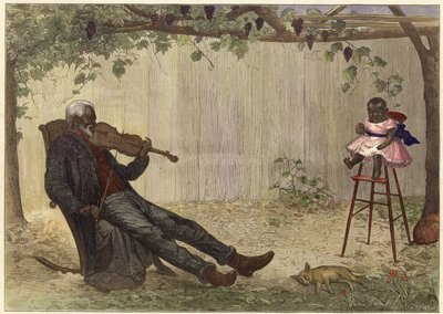 Gammel sort mand spiller violin for baby (farvelagt gravering) af Alfred Edward (after) Emslie