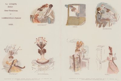 Faksimiler af originale vandfarvetegninger, designet til at satirisere mode i Årets kvindelige hovedkjoler 1828 (chromolitho) af Alfred Edward Chalon