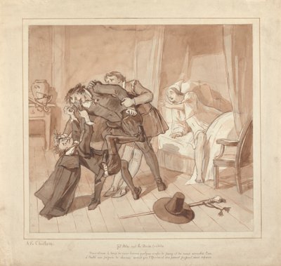 Gil Blas, mens han praktiserer medicin under Dr. Sangrado, møder Dr. Cuchillo ved købmandens seng af Alfred Edward Chalon