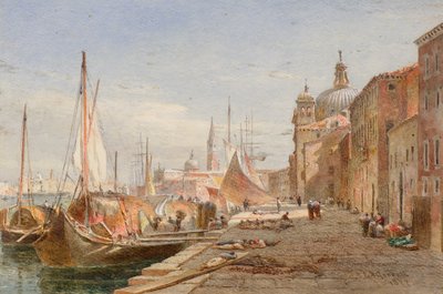 Pramme ved en kaj, Venedig af Alfred Edward Goodall