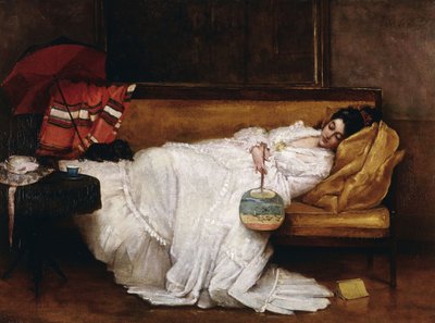 En pige med en japansk fan sover på en sofa, af Alfred Emile Stevens