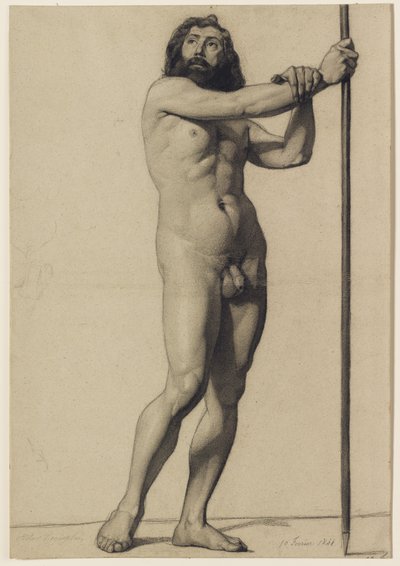 Akademisk figurstudie: nøgen mand med en stab, 1844 af Alfred Emile Stevens