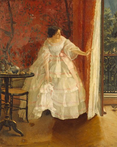 Dame ved et vindue, der fodrer fugle, ca. 1859 af Alfred Emile Stevens
