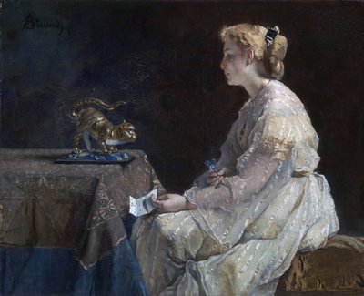 ""Nutiden"" En ung kvinde opdager en kattestatuette - Maleri af Alfred Stevens (1823-1906) omkring 1870 London National Gallery af Alfred Emile Stevens
