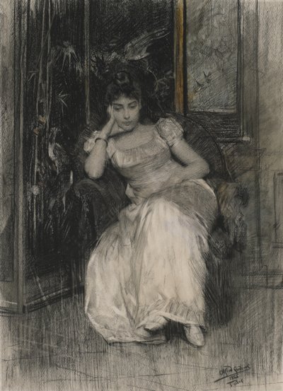 Mademoiselle de Clermont-Tonnerre, 1865 (sort kridt & wc over grafit på vævet papir) af Alfred Emile Stevens