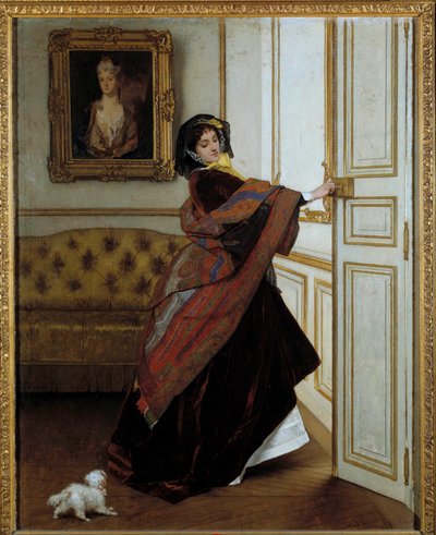 The Lady with the Little Dog Maleri af Alfred Stevens (1823-1906) 1859. Olie på lærred. Mål: 61,6x48,9cm. Privat samling af Alfred Emile Stevens