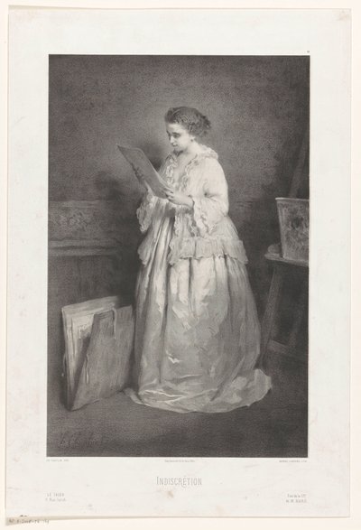 Ung kvinde ser på et print eller en tegning Indiskretion (titel på objekt) af Alfred François Lemoine