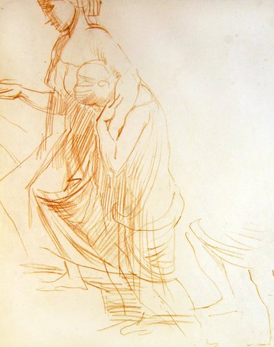 Studie af to figurer, en stående og en knælende, ca. 1850 (rødt kridt på papir) (se 366413 for verso) af Alfred George Stevens