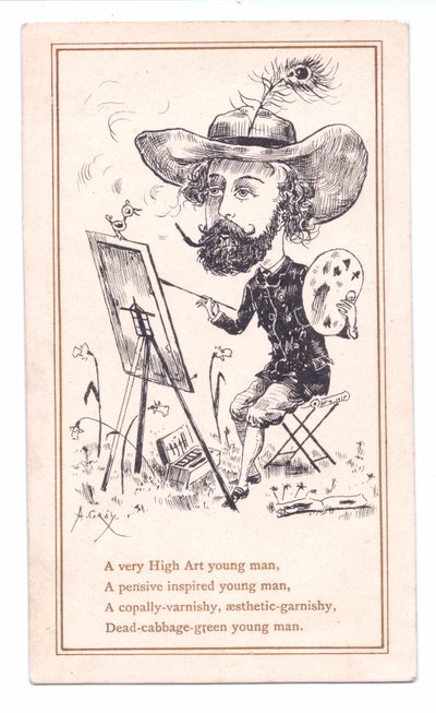 Victoriansk lykønskningskort af en æstetisk kunstner, der maler et billede, ca. 1881 (monokrom) af Alfred Gray