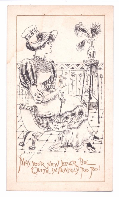 Victoriansk nytårskort af en æstetik, der beundrer en vase med påfuglefjer, ca. 1881 (monokrom) af Alfred Gray