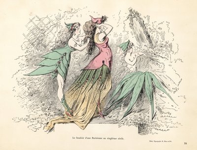 Karikatur af et parisisk kvinders soveværelse i det 20. århundrede. af Alfred Grevin