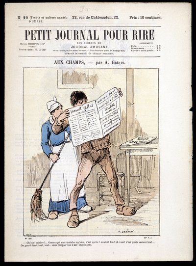 Mand læser en avis: """ aux Champs"" af A. grévin- i "" Le Petity Journal pour rire"" n¡22, n.d. af Alfred Grevin