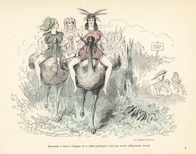 Kvinder i dyreskind og fjer, der rider på strudse og svaner. af Alfred Grevin