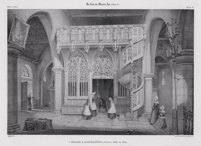 Udskåret træskærm af kapellet i Notre Dame de Lambader, Plouvorn, Bretagne, Frankrig (litho) af Alfred Guesdon