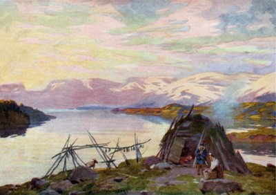En lappehytte ved Torne Trask-søen, midnat af Alfred Heaton Cooper
