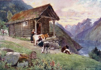 A Saeter, Vetle Fjord (farve litho) af Alfred Heaton Cooper