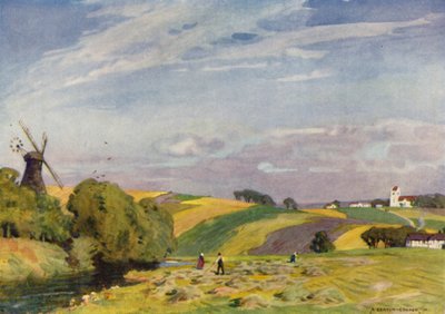 Danmark: Et typisk dansk landskab, Sønderjylland (farve litho) af Alfred Heaton Cooper