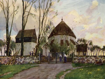 Danmark: Bornholm, Østerlars Kirke (farve litho) af Alfred Heaton Cooper