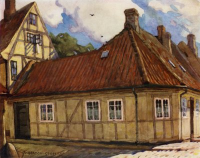 Danmark: Odense, Hans Andersens fødested (farve litho) af Alfred Heaton Cooper