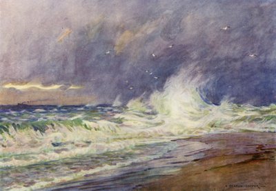 Danmark: Skagen, mødet mellem Nordsøen og Kattegat (farve litho) af Alfred Heaton Cooper