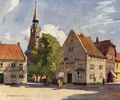 Danmark: Tønder, en middelalderby i Nordslesvig (farve litho) af Alfred Heaton Cooper