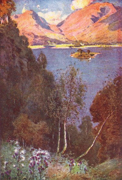 Lake District: Et glimt af Grasmere, aftensol (farvelitografi) af Alfred Heaton Cooper