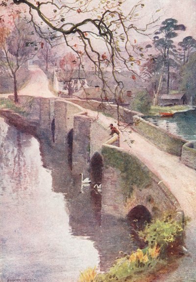 Lake District: En tåget morgen, Newby Bridge, Windermere (farvelitografi) af Alfred Heaton Cooper
