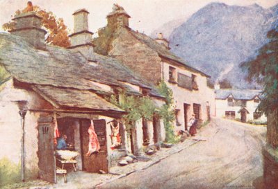 Lake District: Coniston Village, den gamle slagterbutik (farvelitografi) af Alfred Heaton Cooper