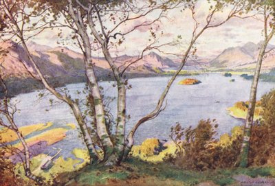 Lake District: Derwentwater og Bassenthwaite Lake, fra High Lodore (farvelitografi) af Alfred Heaton Cooper