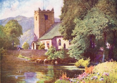 Lake District: Grasmere Church (farvelitografi) af Alfred Heaton Cooper