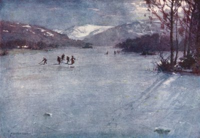 Lake District: Near the Ferry, Windermere, Skating by Moonlight (farvelitografi) af Alfred Heaton Cooper