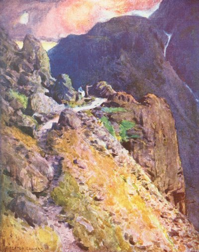Lake District: Nærmer sig toppen af Styhead Pass, Wastdale (farvelitografi) af Alfred Heaton Cooper
